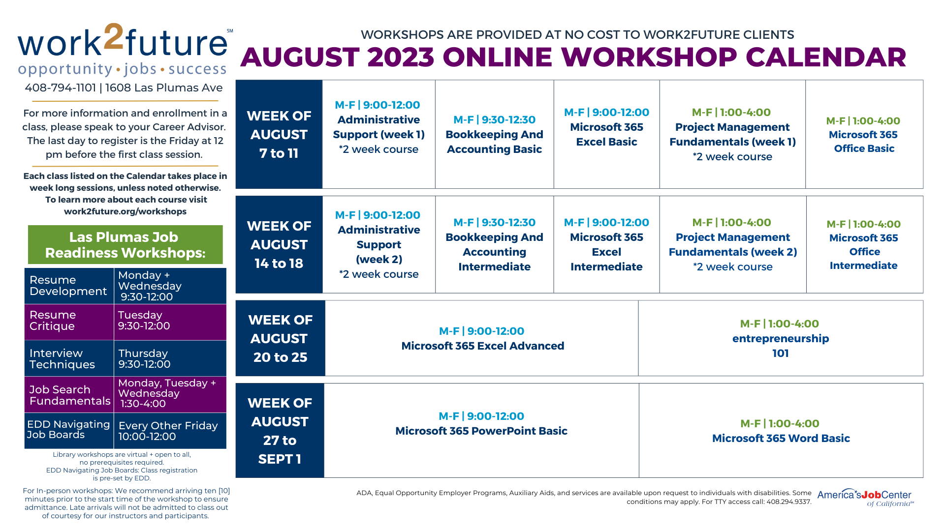 August 2023 workshop cal